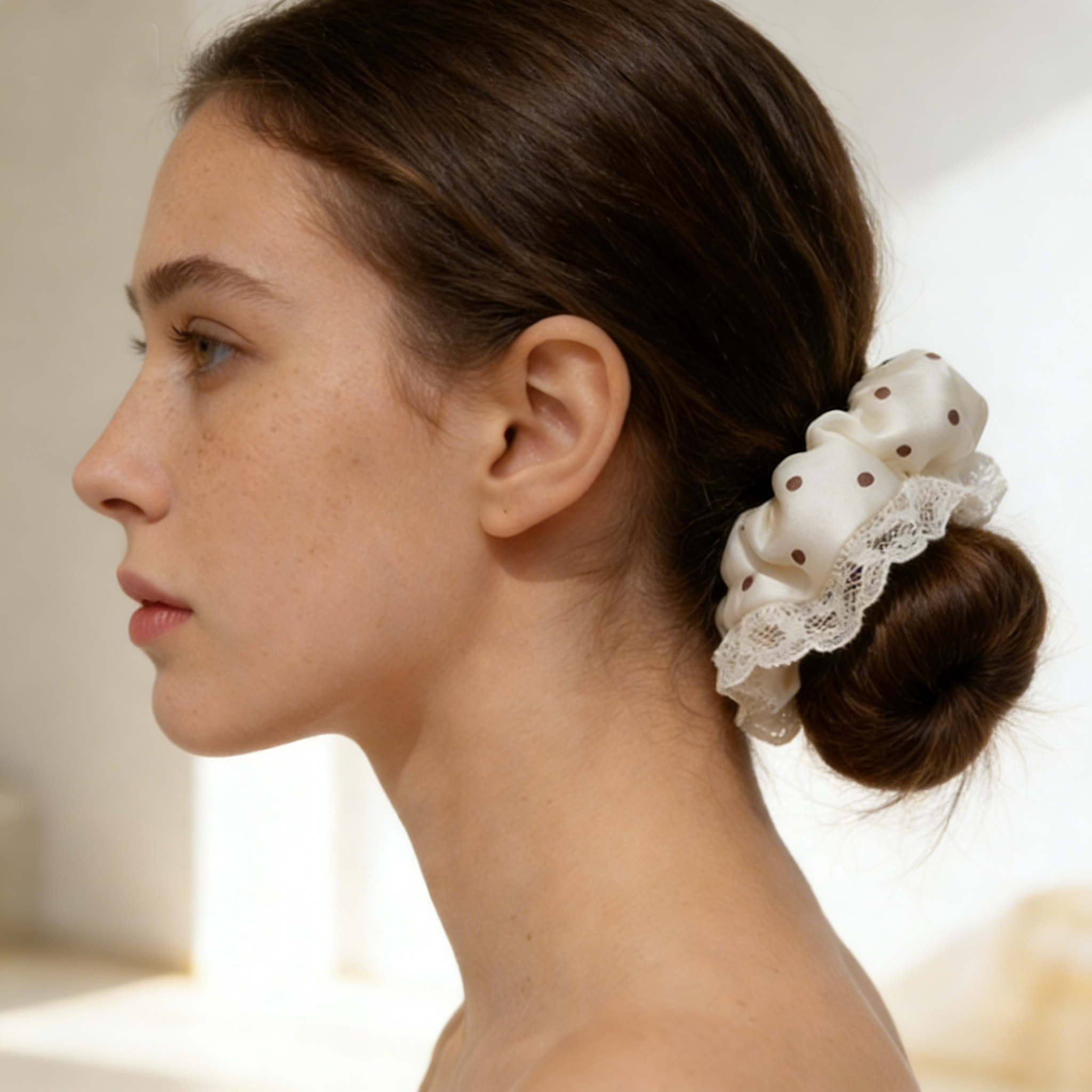 White Polka Dot Satin Lace Scrunchie