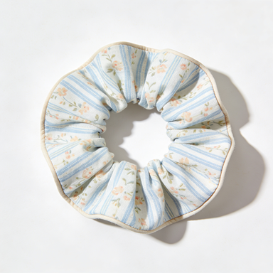Light Blue Stripe Floral Scrunchie